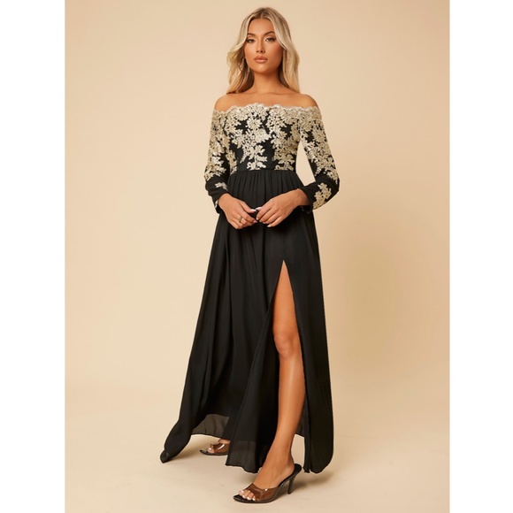 Off Shoulder Embroidered High Slit Maxi Dress Black Gold Long Sleeve - Picture 7 of 16